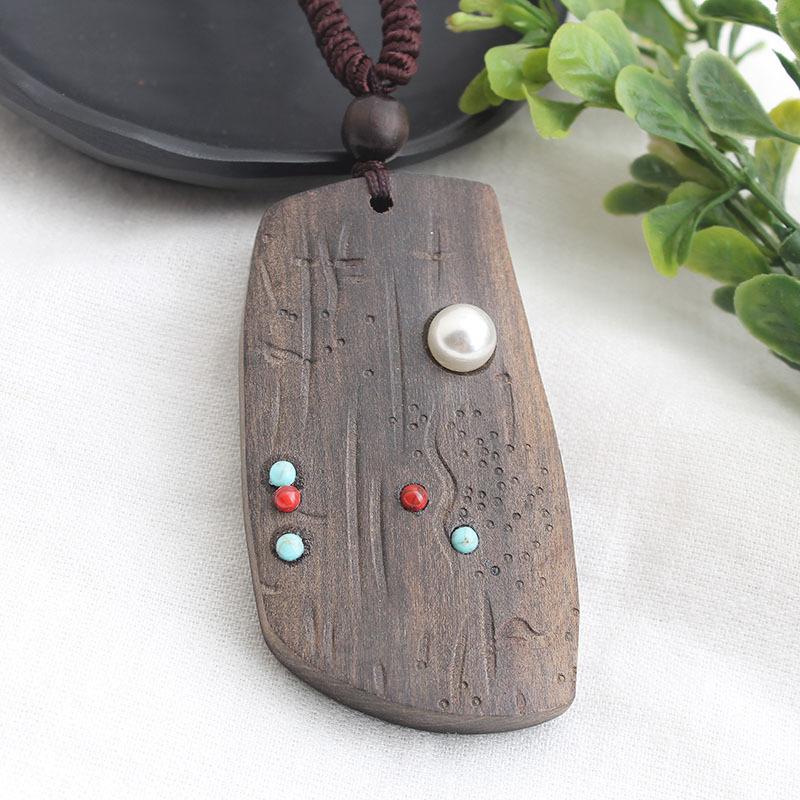 National Style Retro Long Sweater Chain Necklace Handmade Wooden Pendant Costume Pendant