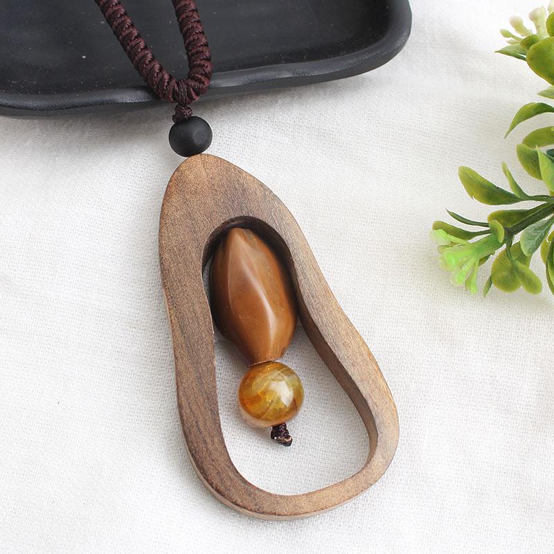 National Style Retro Long Sweater Chain Necklace Handmade Wooden Pendant Costume Pendant