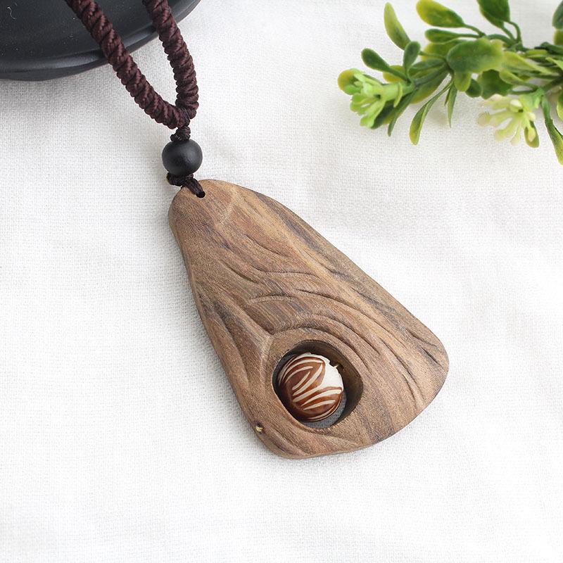 National Style Retro Long Sweater Chain Necklace Handmade Wooden Pendant Costume Pendant
