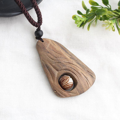 National Style Retro Long Sweater Chain Necklace Handmade Wooden Pendant Costume Pendant