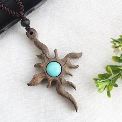 National Style Retro Long Sweater Chain Necklace Handmade Wooden Pendant Costume Pendant