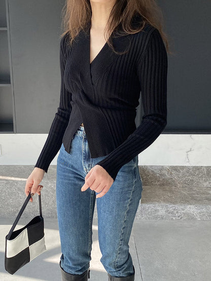 Long Sleeves Loose Knot Solid Color V-Neck Pullovers Sweater Tops