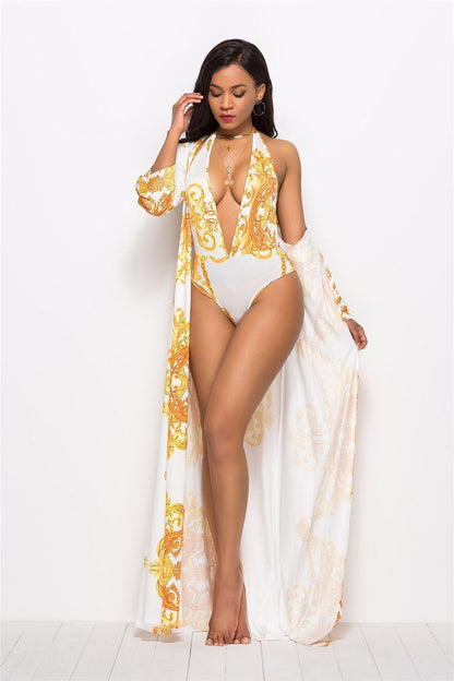 Plus Size Print Halter One Piece Sexy Backless Women Swimwear With Cover Ups Sunscreen