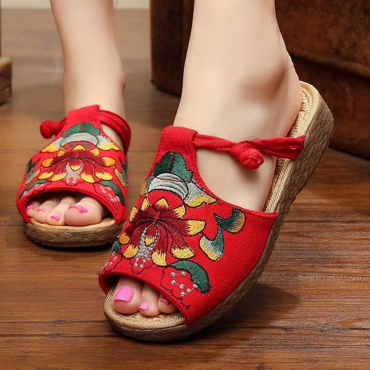 Ethnic Style Wedge With Non-Slip Fish Mouth Type Embroidered Sandals And Slippers