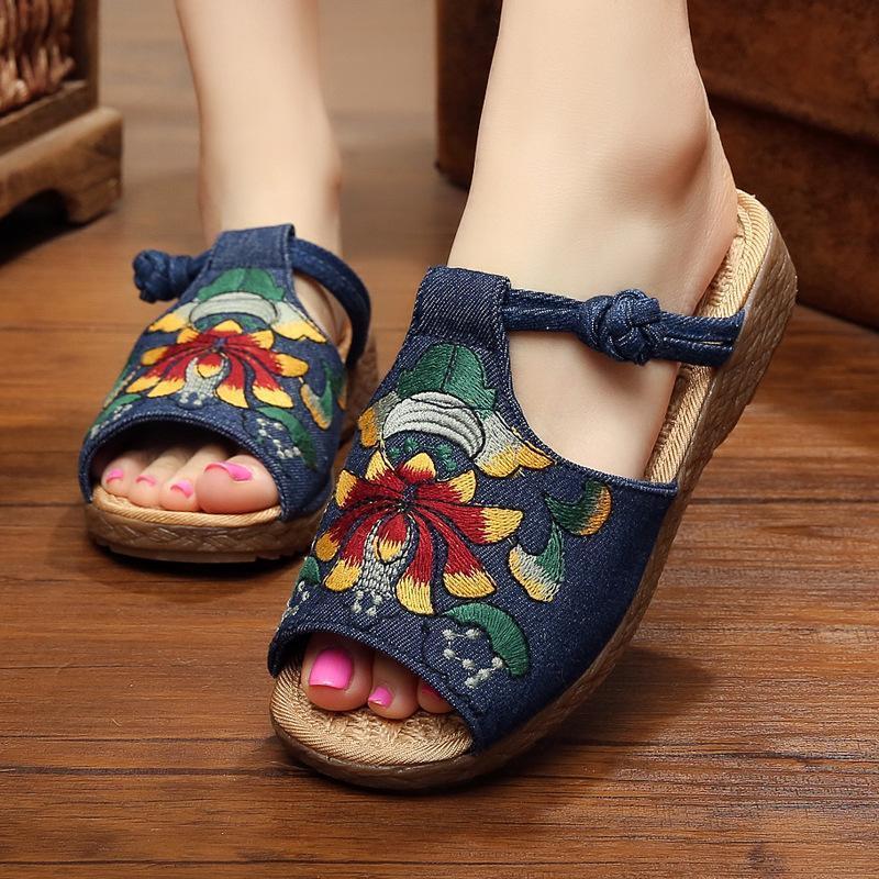 Ethnic Style Wedge With Non-Slip Fish Mouth Type Embroidered Sandals And Slippers