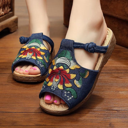 Ethnic Style Wedge With Non-Slip Fish Mouth Type Embroidered Sandals And Slippers