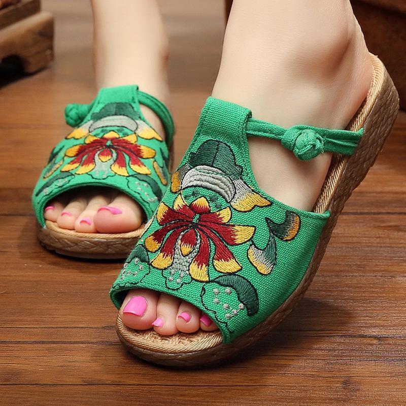 Ethnic Style Wedge With Non-Slip Fish Mouth Type Embroidered Sandals And Slippers