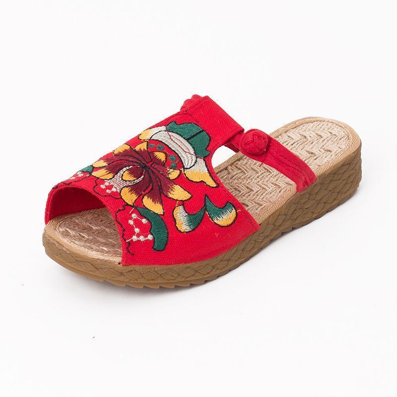 Ethnic Style Wedge With Non-Slip Fish Mouth Type Embroidered Sandals And Slippers