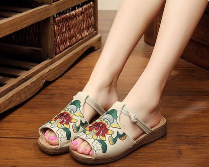 Ethnic Style Wedge With Non-Slip Fish Mouth Type Embroidered Sandals And Slippers