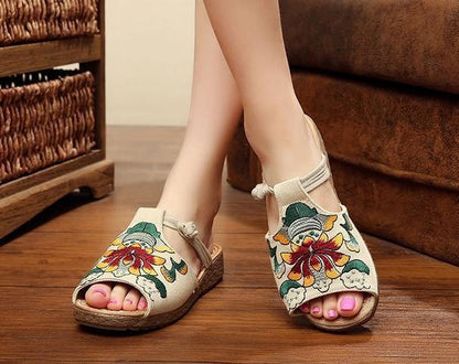Ethnic Style Wedge With Non-Slip Fish Mouth Type Embroidered Sandals And Slippers