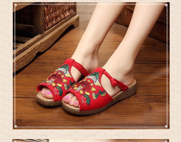 Ethnic Style Wedge With Non-Slip Fish Mouth Type Embroidered Sandals And Slippers