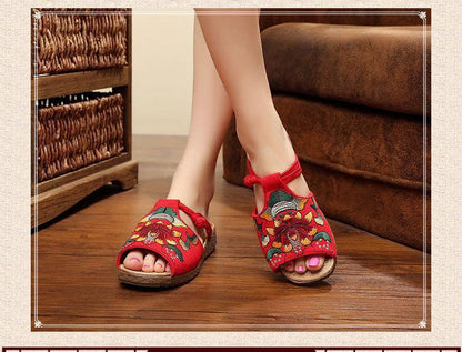 Ethnic Style Wedge With Non-Slip Fish Mouth Type Embroidered Sandals And Slippers