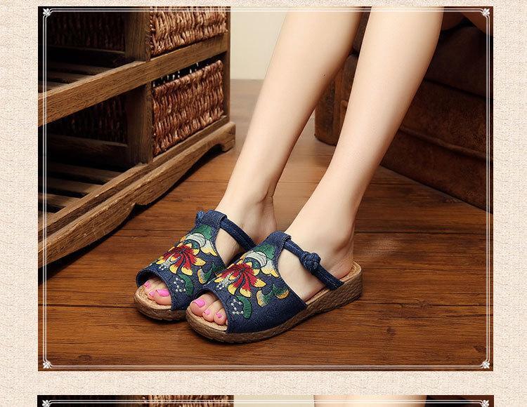 Ethnic Style Wedge With Non-Slip Fish Mouth Type Embroidered Sandals And Slippers