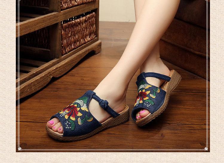 Ethnic Style Wedge With Non-Slip Fish Mouth Type Embroidered Sandals And Slippers