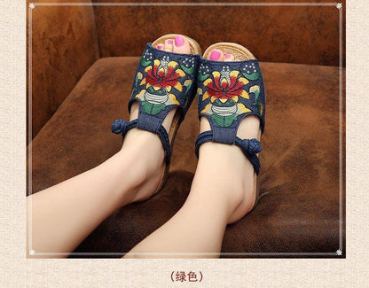 Ethnic Style Wedge With Non-Slip Fish Mouth Type Embroidered Sandals And Slippers