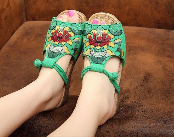 Ethnic Style Wedge With Non-Slip Fish Mouth Type Embroidered Sandals And Slippers
