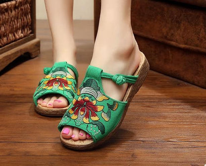 Ethnic Style Wedge With Non-Slip Fish Mouth Type Embroidered Sandals And Slippers