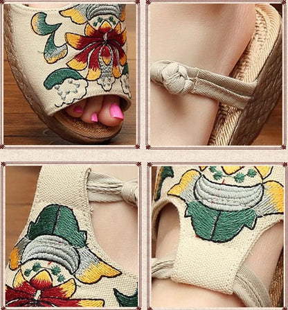 Ethnic Style Wedge With Non-Slip Fish Mouth Type Embroidered Sandals And Slippers