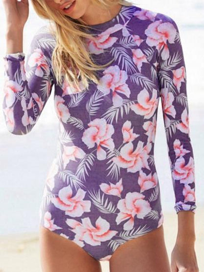 Long Sleeved Print One-Piece Swimwear For Female