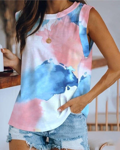 Women'S Top Collar Tie-Dye Printing Vest T-Shirt