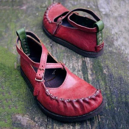 Vintage Artificial Leather  Flats Slip On Cross Buckle Solid Ladies