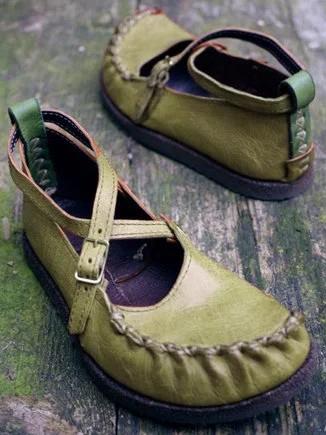 Vintage Artificial Leather  Flats Slip On Cross Buckle Solid Ladies
