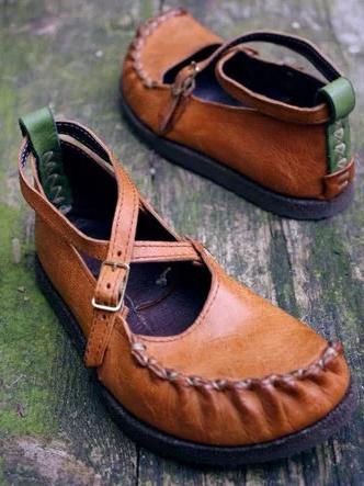 Vintage Artificial Leather  Flats Slip On Cross Buckle Solid Ladies