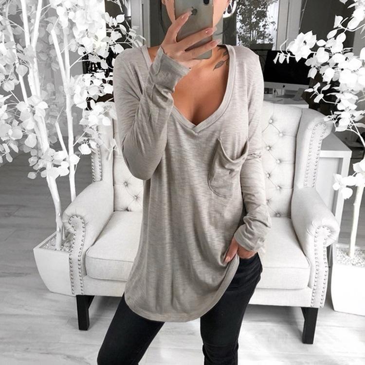 Sexy V-Neck Loose Pocket Long Sleeved T Shirt