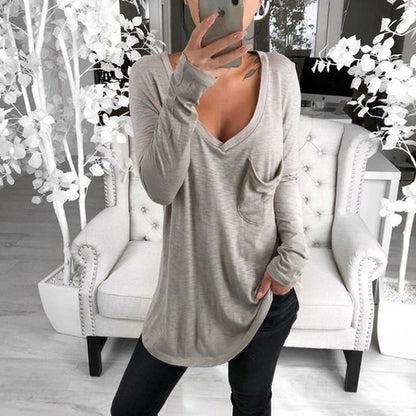 Sexy V-Neck Loose Pocket Long Sleeved T Shirt