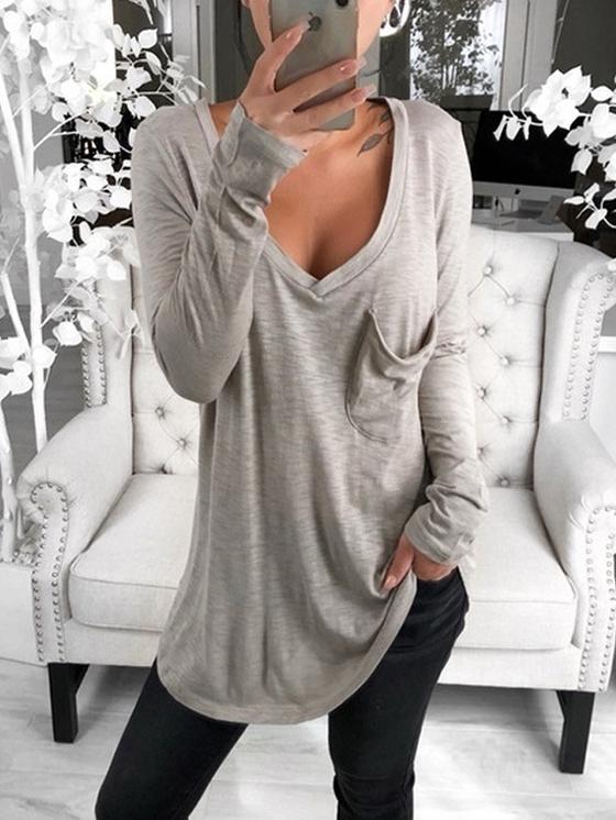 Sexy V-Neck Loose Pocket Long Sleeved T Shirt