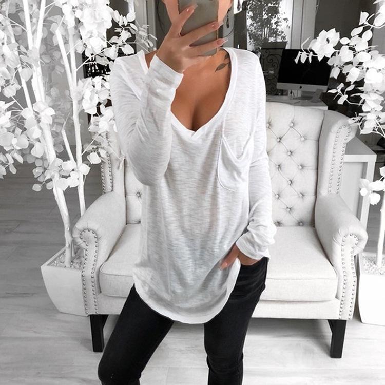 Sexy V-Neck Loose Pocket Long Sleeved T Shirt