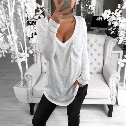 Sexy V-Neck Loose Pocket Long Sleeved T Shirt