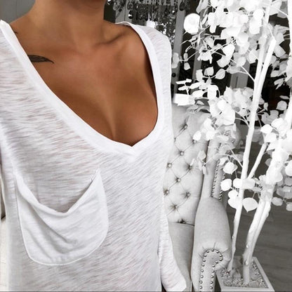 Sexy V-Neck Loose Pocket Long Sleeved T Shirt
