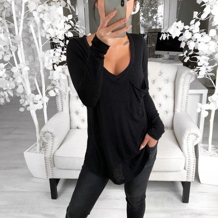 Sexy V-Neck Loose Pocket Long Sleeved T Shirt