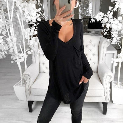 Sexy V-Neck Loose Pocket Long Sleeved T Shirt