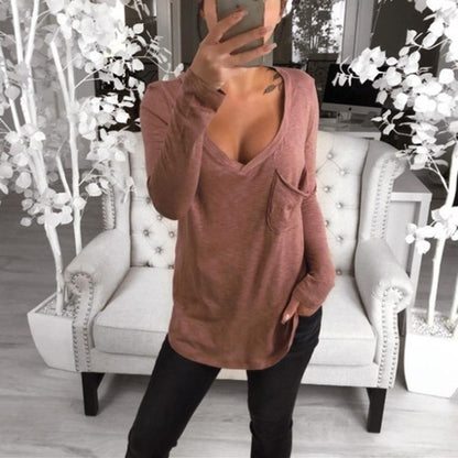 Sexy V-Neck Loose Pocket Long Sleeved T Shirt