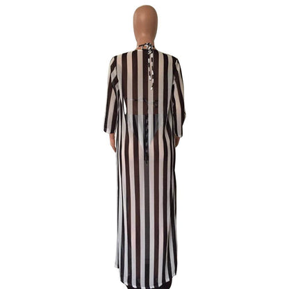 Sexy Black And White Striped Split Swimsuit Bikini Chiffon Cloak Three Piece Suit