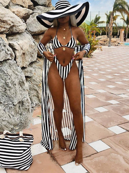Sexy Black And White Striped Split Swimsuit Bikini Chiffon Cloak Three Piece Suit