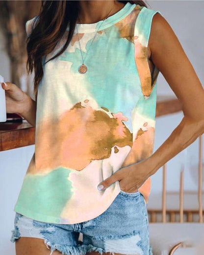 Women'S Top Collar Tie-Dye Printing Vest T-Shirt