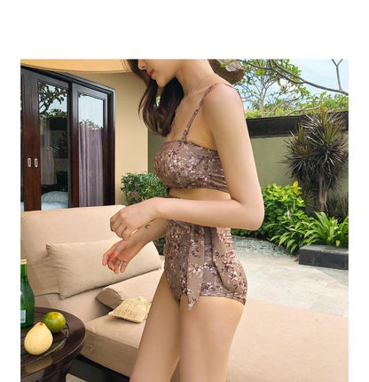 Ins Floral Tube Top High Waist One Piece Swimsuit