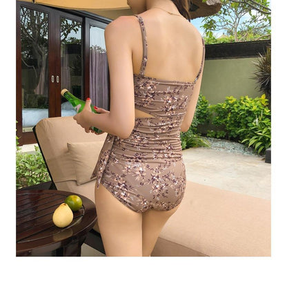 Ins Floral Tube Top High Waist One Piece Swimsuit