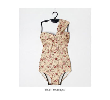 Sexy Floral One-Shoulder Twisted One Piece Swimsuit