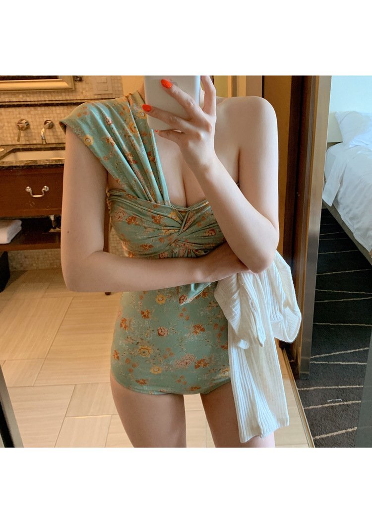 Sexy Floral One-Shoulder Twisted One Piece Swimsuit