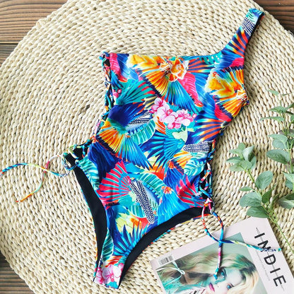 Women'S One Piece Swimsuit Print Sexy One Shoulder Strap Three Point Swimsuit
