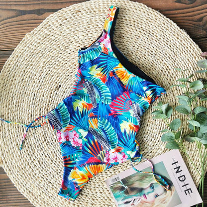 Women'S One Piece Swimsuit Print Sexy One Shoulder Strap Three Point Swimsuit
