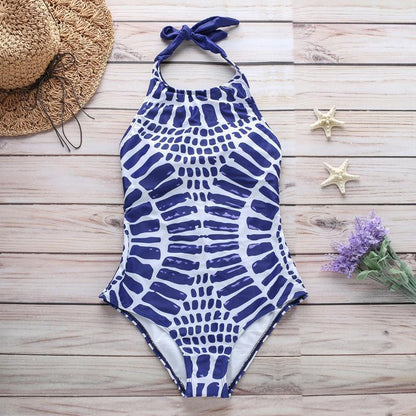 Sexy Halter Lace-Up Swimsuit Fishscale Ripple Print Bikini