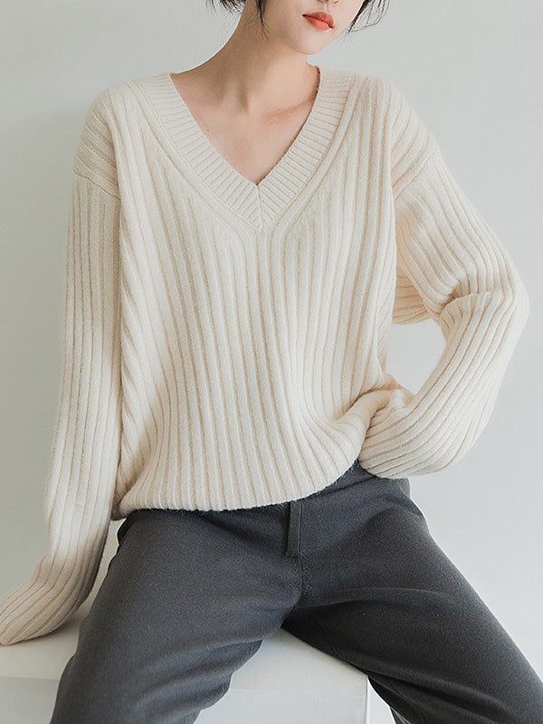 Casual Loose Solid Color V-Neck Sweater Tops