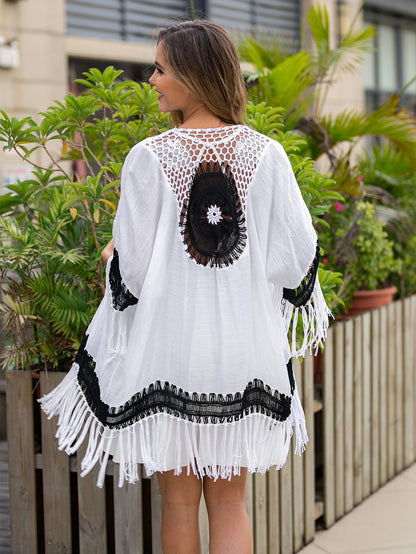Black And White Crochet Patchwork Loose Fringed Cardigan