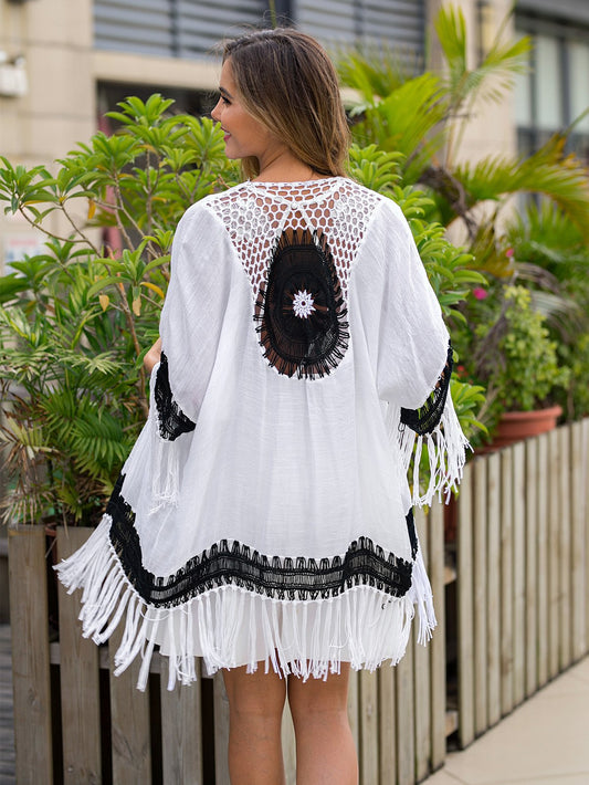 Black And White Crochet Patchwork Loose Fringed Cardigan