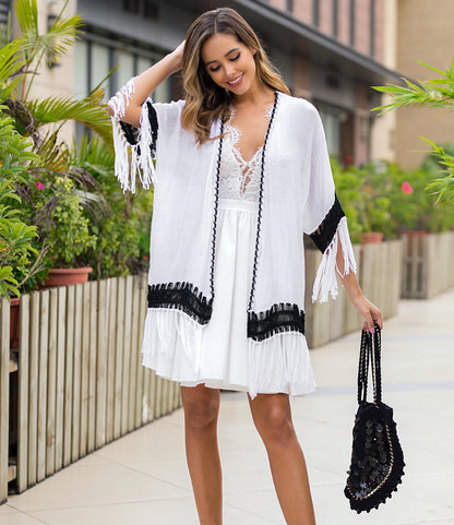 Black And White Crochet Patchwork Loose Fringed Cardigan